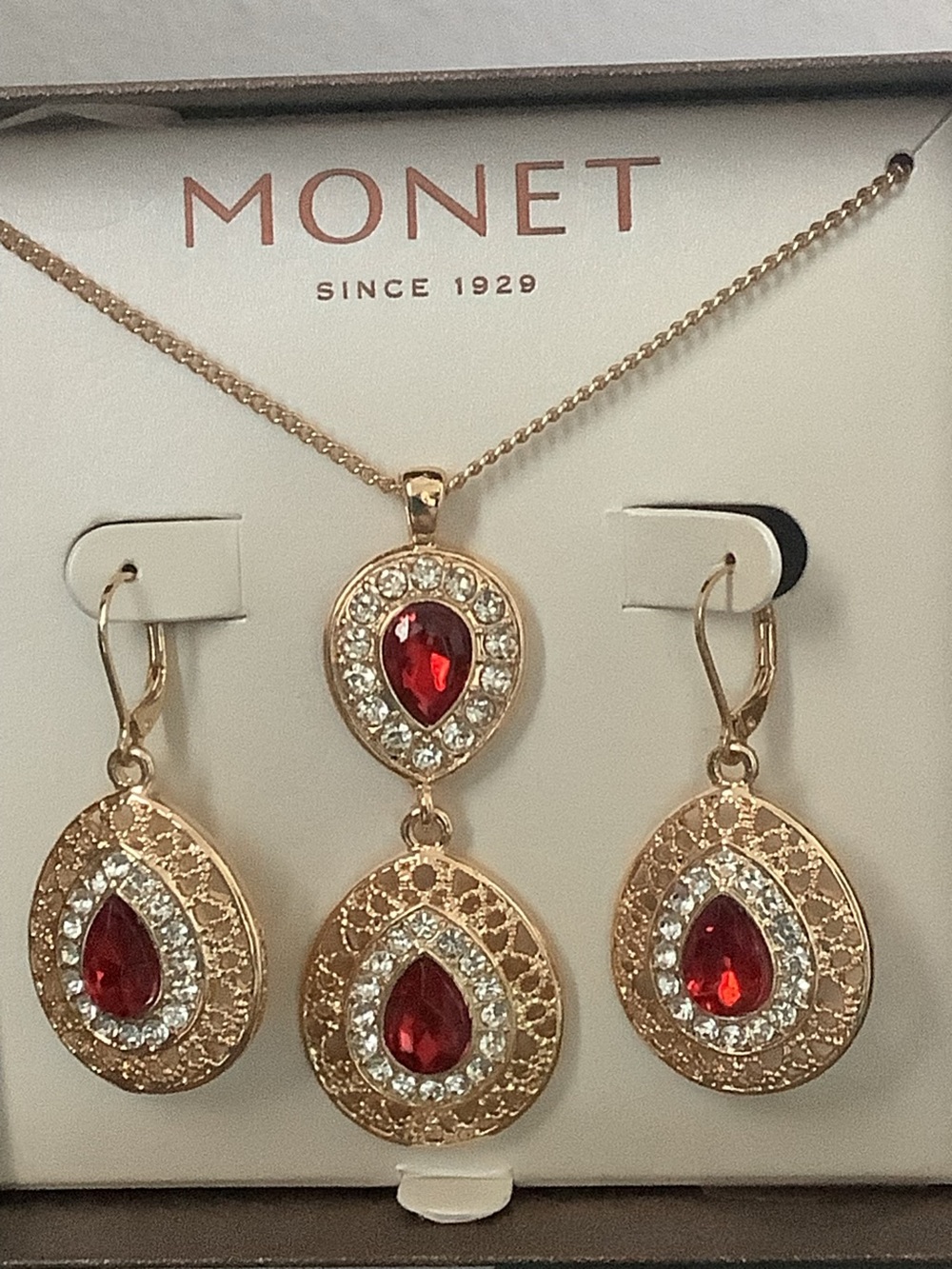 Monet Gold-Tone Necklace & Earring Set with Red Stones